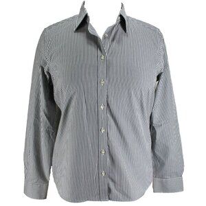 Lands End No Iron Pinpoint Oxford Shirt Womens 14 Gray White Stripe Long Sleeve